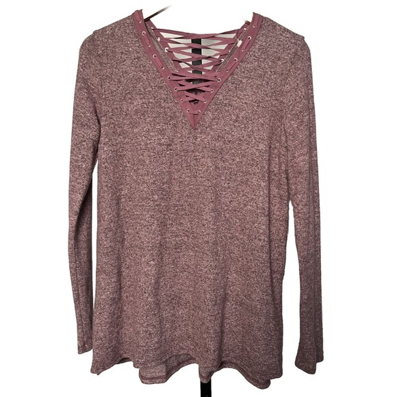 Orange Creek Sweater Long Sleeves Heather Purple Lace‎ Up Front Back Neck Large - Picture 1 of 4